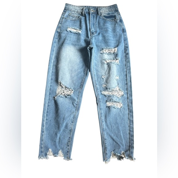 SHEIN Light Wash Distressed High Rise Straight Leg Mom Jeans Size 27 - Picture 1 of 6